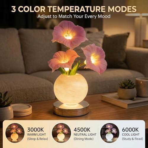 Flower Table Lamp, Rechargeable Cordless Touch Dimming Artificial Morning Glory Flower Desk Lamp, LED Flower Bedside Night Light Romantic Gifts for Girl Women Mom (Pink Morning Glory) - Image 3