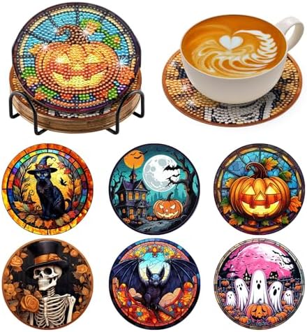 Zynlio Halloween Diamond Paintings Coasters Kits Set with Holder, Halloween Diamond Art, DIY Diamond Crafts Coasters for Adults, Diamond Art Painting Kits for Women, Beginners, Diamond Craft Supplies by Unknown
