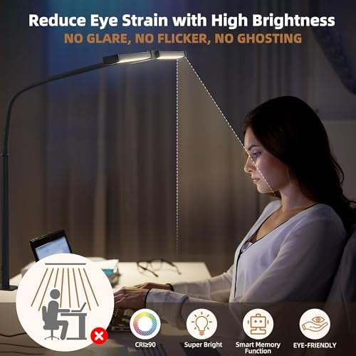 Motumen Led Desk Lamp for Home Office, Eye-Care Desk Light Clamp, Black - Image 4