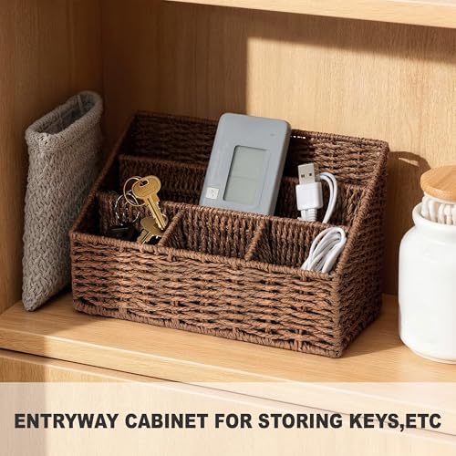 DINGTAI Rattan Desk Organizer, Tabletop Mail Holder, 5 Slot Mail Organizer Countertop Basket, Rattan Office Supplies, Boho Office Desk Accessories, Wicker Desk Organizer, Magazine Holder（Brown） - Image 4