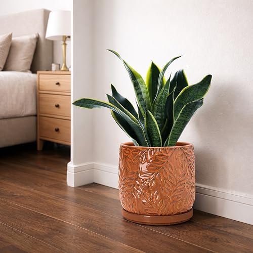 D'vine Dev Embossed Leaves Ceramic Planter, 8 in, Pumpkin, 27-A-Q-J - Image 7