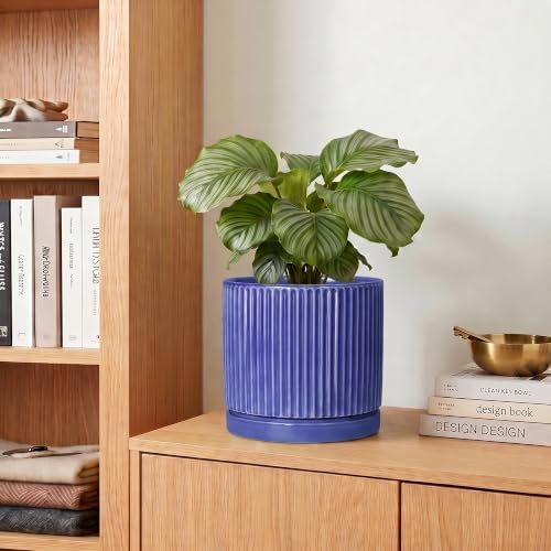 6 Inch Ceramic Pots for Plants, Round Plant Pot with Tray, Blue - Image 7