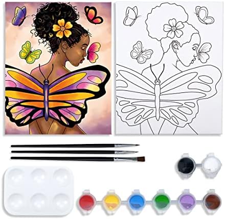 VOCHIC Painting Kit Pre Drawn Canvas for Painting for Adult Party Kits Paint and Sip Supplies 8x10 in Canvas Butterfly Girl 8 Acrylic Colors,3 Brush,1 Pallet Paint Art Set by VOCHIC