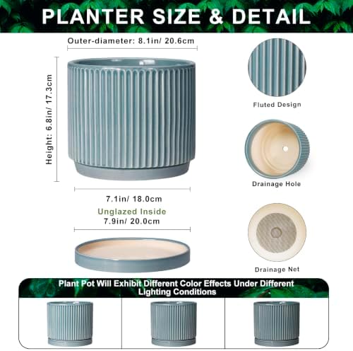 8 Inch Planter, Ceramic Pots for Plants with Saucer, Glaze Blue - Image 2