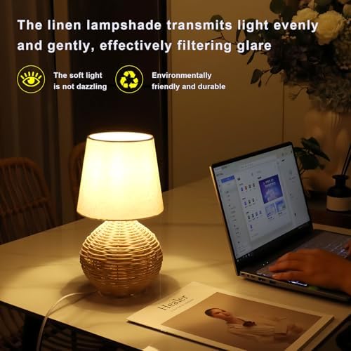 Rattan Small Table Lamp, Boho Farmhouse Style, Cotton Linen Lamp Shade, 6.2×6.2×11.8 Inch, with E12 LED Warm Light Bulb - Image 3