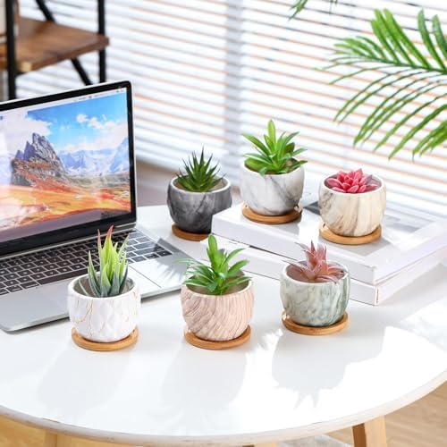Ziliny Marbling Ceramic Flower Pot 3.35 Inch Succulent Small Plant Cactus Herbs Planter Ceramic Pot with Drainage Hole Matte Round Container(6 Pcs,Elegance Style) - Image 4