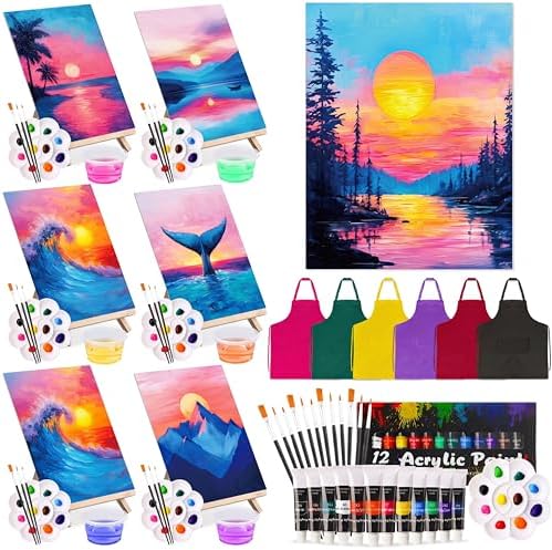Cholemy 6 Set Paint and Sip Kit for Adults 8"x 10" Pre Drawn Canvas Painting with Wooden Easel Acrylic Paint Wash Cup Brushes Palette Apron for Painting DIY Adult's Date Party Supplies(Sunset Glow) by Cholemy