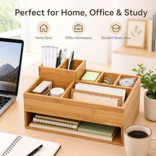 Bamboo Desk Organizer with Pen Holder and Open Shelf, Multi-Compartment Desktop Organizer for Mail, Notes, Books and Office Supplies, Space Saving Storage for Home Office Desk - Image 6