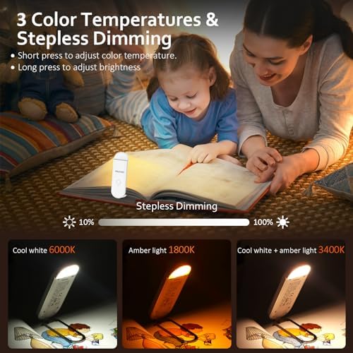 Akomid Book Light USB Rechargeable Clip on Reading Light, Eye-Cared Amber Light Mode Book Light for Reading in Bed Kids, 8 LEDs Bookmark Portable Stepless Dimming, White - Image 4