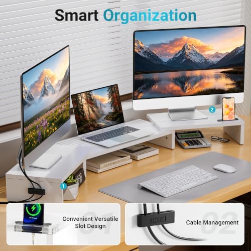 BONTEC Triple Monitor Stand Riser with Smartphone Holder, White - Image 5