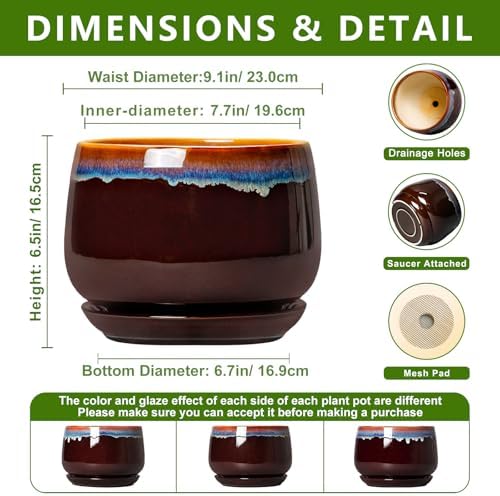 9 Inch Flower Pots - Ceramic Planter with Drainage Hole and Saucer, Decorative Ceramic Pots for Indoor Plants, Round Plant Pot, Garden Home Living Room Decor, Housewarming Gifts, Brown-Blue - Image 2