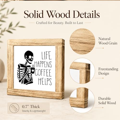 Funny Coffee Skeleton Sign, Life Happens Coffee Helps Wood Plaque, Halloween Kitchen Counter Decor, Gothic Coffees Bar Shelf Accent For Office Desk Cafe Corner, 5.9 x 5.9 in - Image 6