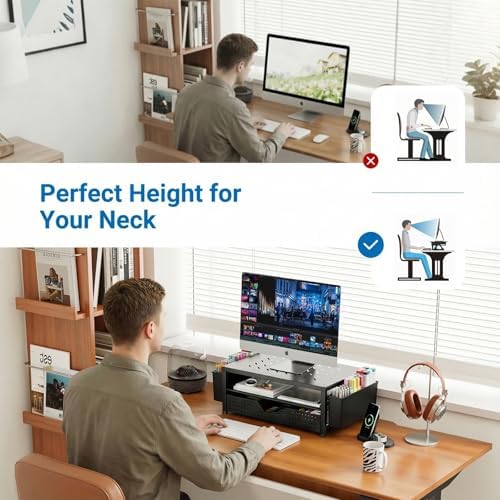OPNICE Desk Organizer and Accessories, 2-Tier Computer Monitor Stand Riser with Drawer and 2 Pen Holders, Laptop Stand, Office Desk Accessories for Office Supplies, Light Black - Image 7