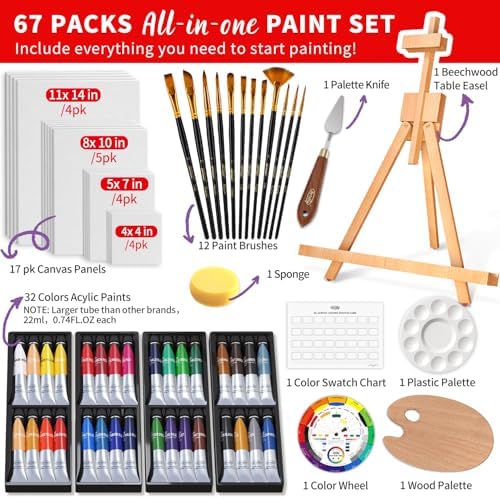 ARTALLY Acrylic Paint Set for Adults & Kids, 67 Pcs Canvas Painting Kits, 32 Colors Acrylic Paint (22ML),Table Easel,Brushes,Canvas, Art Painting Supplies Kit for Students,Artists,Beginners - Image 2
