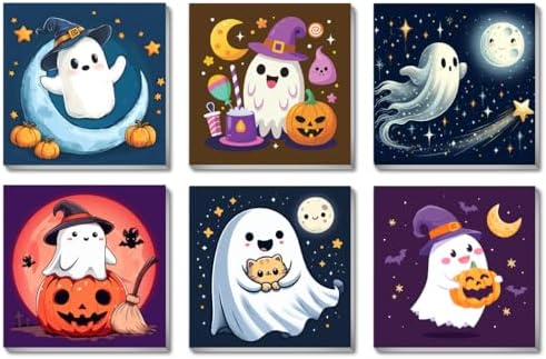 FQOVKYN 6 Pcs Framed Halloween Paint by Numbers Kits for Beginners, Ghosts Adults' Paint-by-Number Kits on Canvas, Easy Acrylic Oil Painting by Number for Gift Home Decor 8x8 inchs by FQOVKYN