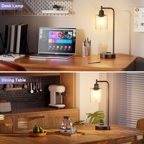 Innqoo Industrial Touch Table Lamps - 3-Way Dimmable Desk Lamps Set of 2 with USB C+A Ports and Outlet, Brown Bedside Lamps with Clear Glass Shade for Living & Bedrooms - Image 6