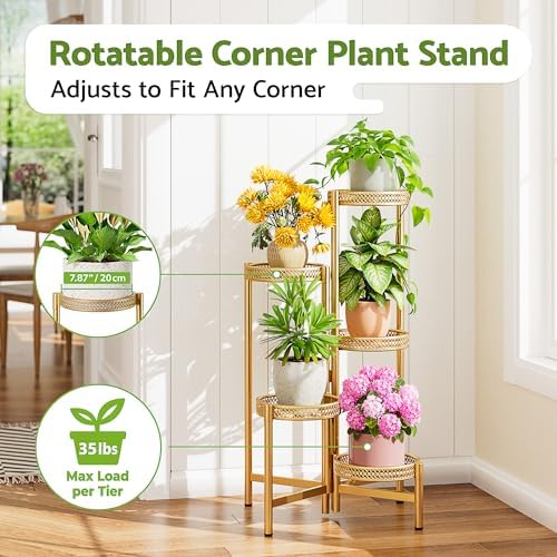 Gold Plant Stand Indoor Outdoor, Corner Metal Flower Pot Stands for Multiple Plants, 5 Tier Heavy Duty Plant Shelf for Patio Garden Balcony Living Room Bedroom - GoldWave - Image 2