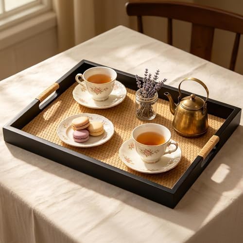 Wood Ottoman Tray, Rectangle Coffee Table Tray, Rattan Serving Tray - Image 6