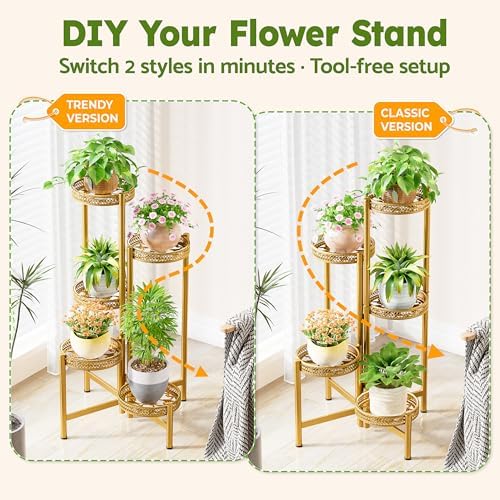 Gold Plant Stand Indoor Outdoor, Corner Metal Flower Pot Stands for Multiple Plants, 5 Tier Heavy Duty Plant Shelf for Patio Garden Balcony Living Room Bedroom - GoldWave - Image 4