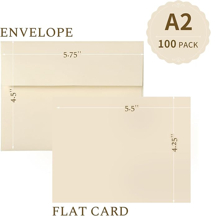 Ivory Blank Cards and Envelopes (Not-Folded), Goefun Cream Flat Note Cards 4.25 x 5.5 and A2 Envelopes Self Seal 100 Pack for Wedding, Invitations, DIY Notecards, Birthday & All Occasion