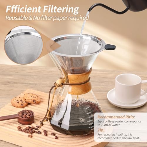 Pour Over Coffee Maker 34 OZ, 10 Cup Borosilicate Glass Drip Coffee Maker with Reusable Stainless Steel Filter and Cork Grip for Home Café 1000 ML (Diamond Shape) - Image 4