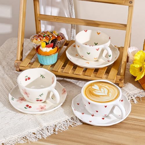 Koythin Ceramic Coffee Mug with Saucers, Handmade Flowers Mugs, Cute Cup for Girl Women, Aesthetic Tea Milk Cup with Handle, 8.5 oz/250 ml for Latte, Cocoa, Office, Home (Colorful Little Hearts) - Image 6