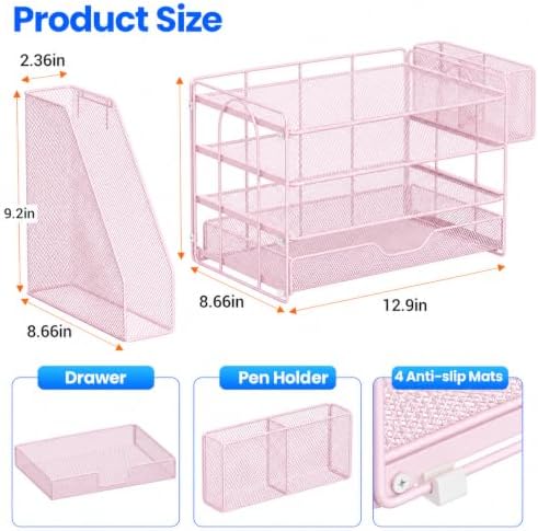 OPNICE Desk Organizers and Accessories, 4-Tier Desktop File Organizer with Drawer and Pen Holders, Office Desk Accessories Workspace Organizers for Office Supplies (Soft Pink) - Image 4