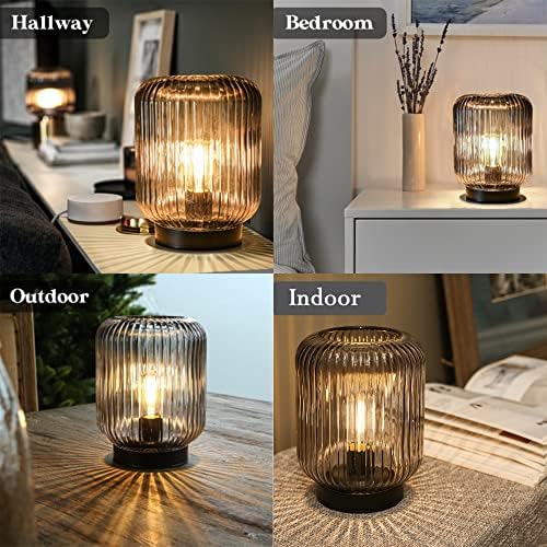 LUSHARBOR Battery Operated Lamp, Cordless Table Lamps for Home Decor, Battery Powered Nightlight with LED Bulb, Decorative Glass Beside Lamp for Bedroom Living Room-Grey - Image 2