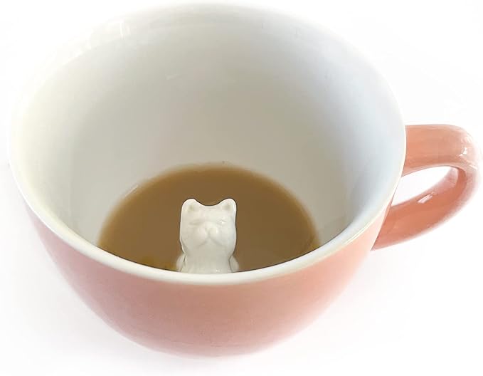 Creature Cups STRETCHING CAT Ceramic Cup (11 Ounce, Peach Exterior) - Hidden 3D Animal Inside - Stretching Kitty Mug - Birthday, Mother's Day, Housewarming Drinkware Gift