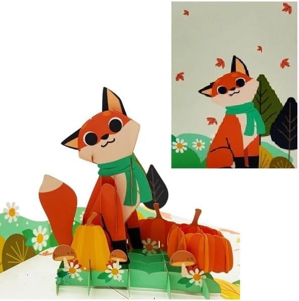 ETA Autumn Fox 3D Pop-Up Greeting Card – Fall Themed Card with Pumpkins & Leaves – Cute Woodland Animal Pop-Up Card for Kids, Adults, Birthdays, Thanksgiving, A41
