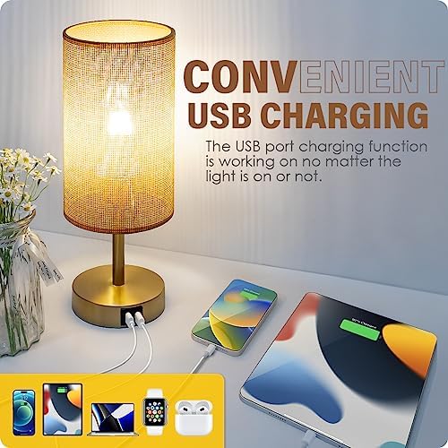 Yarra-Decor Bedside Lamp with USB Port - Touch Control Table Lamp for Bedroom Wood 3 Way Dimmable Nightstand Lamp with Round Flaxen Fabric Shade for Home Office (LED Bulb Included) (Y - NET) - Image 3