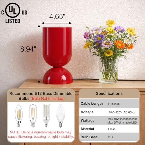 8.9" Dimmable Modern Glass Table Lamp with Dome Base, Glossy Red - Image 2