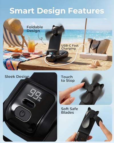 FrSara Portable Handheld Fan, Small Rechargeable Personal Mini Fan, Summer Travel Essentials with 3-Speed, 2000mAh, Great for Outdoor, Makeup, Ideal Gift for Girls, Ladies, Teens, Birthday, Black - Image 7