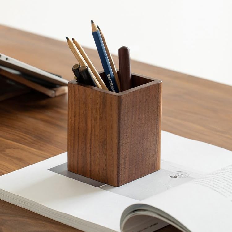 Wooden Pen Holder for Desk, Multi-Functional Pen Cup Pencil Holder for Office School Supplies Storage, Black Walnut Desk Organizer and Accessories（Square） - Image 3