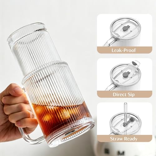 INSETLAN 24 oz Ribbed Glass Tumbler with Handle, 2-Pack Iced Coffee Cups - Image 5