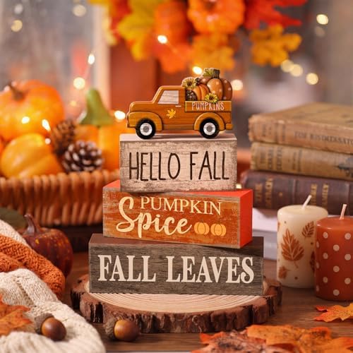 Moucuny 4 Pcs Fall Table Decor, Pumpkin Wood Block Sign Home Tray - Image 2