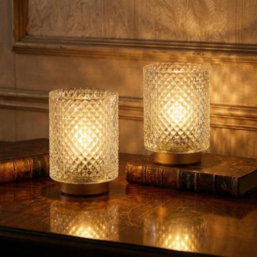 2 Pack Battery Decorative Operated Lamp,Small Accent Table Lamp with Timer for Bedside/shelf,Cordless Glass Ambience Lamp with Warm White Glow for Bookshelf/Entryway/Tabletop Decor(Iridescent Clear) by Ularoom