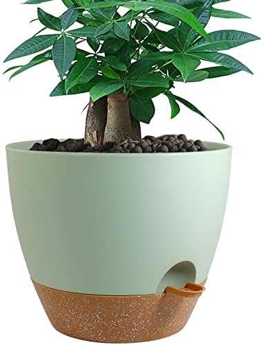 UOUZ 12 inch Large Self Watering Pots, Plastic Planters with 60oZ Removable Deep Reservoir and Multi Mesh Drainage Holes for Indoor Outdoor Garden Plants and Flowers, Green with Brown by UOUZ