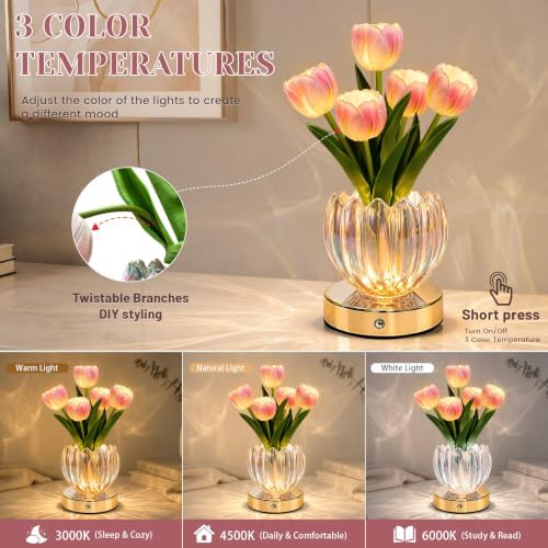 Flower Table Lamp, 3 Color Tulip Night Light, Rechargeable Cordless Touch Dimming Artificial Flower Light, LED Flower with Glass Vase Lamp for Girls Women Mom (Pink Tulip) - Image 3