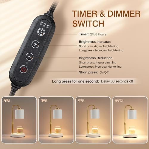 CASTLELIFE Candle Warmer Lamp with Timer & Dimmer, Height Adjustable Electric Wax Melt Warmer for Jar Candles, Gifts for Mom Home Decor, White Gold - Image 3