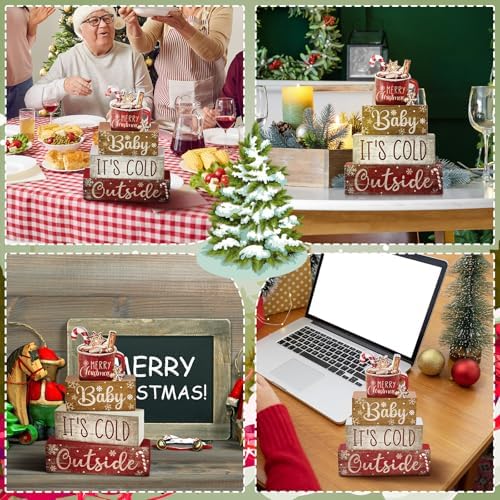 Moucuny 4 Pcs Christmas Table Decorations Indoor, Hot Cocoa Wood Block Sign - Image 5