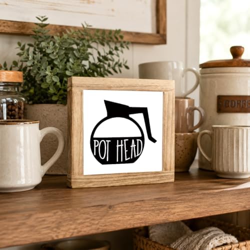 Pot Head Coffee Wood Sign, Funny Coffee Pot Plaque, Caffeine Lover Kitchen Decor Accent, Rustic Beverage Station Shelf Sitter For Countertop Pantry Breakfast Nook, 5.9 x 5.9 in - Image 3