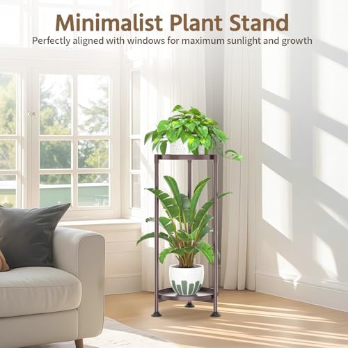 LASZOLA Metal Plant Stand Indoor Tall with 11 Inch Large Tray 2 Tier Brown - Image 2