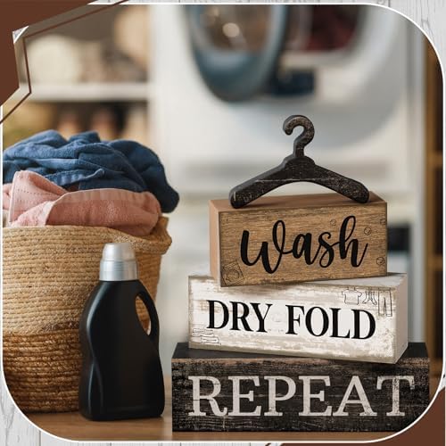 Moucuny 4 Pcs Farmhouse Laundry Room Decor Stacked Blocks Rustic Home Decor - Image 6