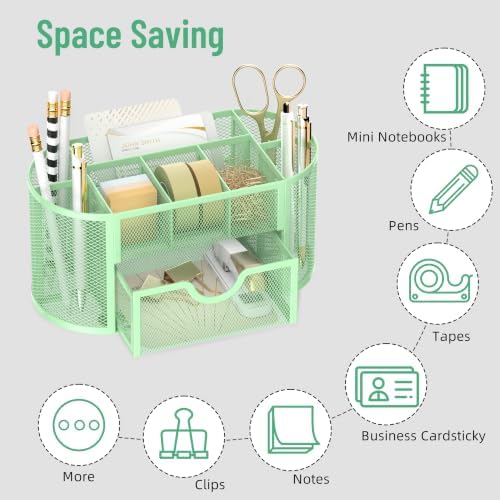Mesh Desk Organizer with Drawer, 9-Compartment Pen Holder for Desk, Green - Image 4