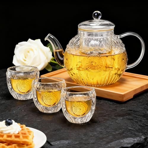 Bandesun Vintage Glass Teapot Set with 4 Cup, 32oz Borosilicate Tea Pot with Removable Infusers for Blooming and Loose Leaf Tea, Tea Warmer with Candlelight, Stovetop Safe, Gift for Women and Adults - Image 6