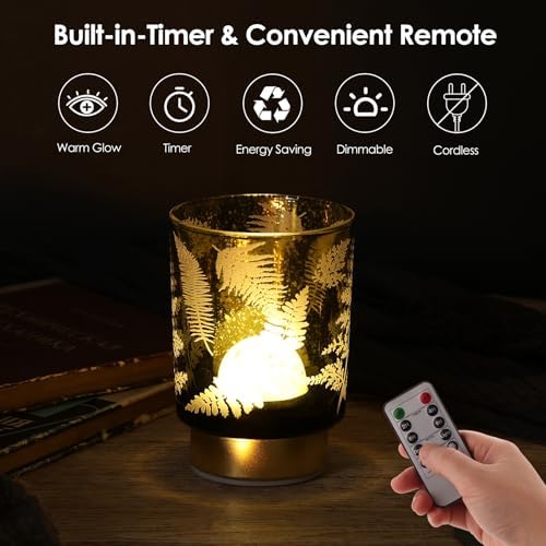Eywamage Small Battery Operated Glass Table Lamp, Boho Green Ferns Mood Light with Remote, Cordless Bedside Accent Lamp Room Decor - Image 6