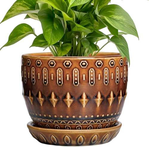G EPGardening 5.5 Inch Plant Pot - Ceramic Planter for Indoor Outdoor Plants, Boho Round Indoor Flower Pot with Drainage Hole and Saucer, Housewarming Gifts, Garden Home Room Decor, Brown by GEPGardening