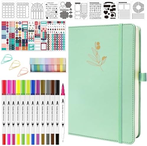Y&I Bullet Dotted Journal Kit, A5 Hardcover Dotted Journal Notebook with 176 Pages, 120GSM Thick Paper, Stencils Stickers Pens Washi Tapes, Dotted Journaling Kit for Beginners (Mint) by YINGIRON