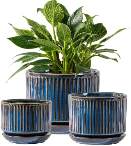 SURE YUESI Ceramic Plant Pots Set of 3, Indoor Outdoor Planters with Drainage Hole and Saucer, Ceramic Flower Pots for Indoor Plants, 4.3+5.5+6.8 Inch, Home, Garden, Patio and Office, Glossy Blue by SUREYUESI